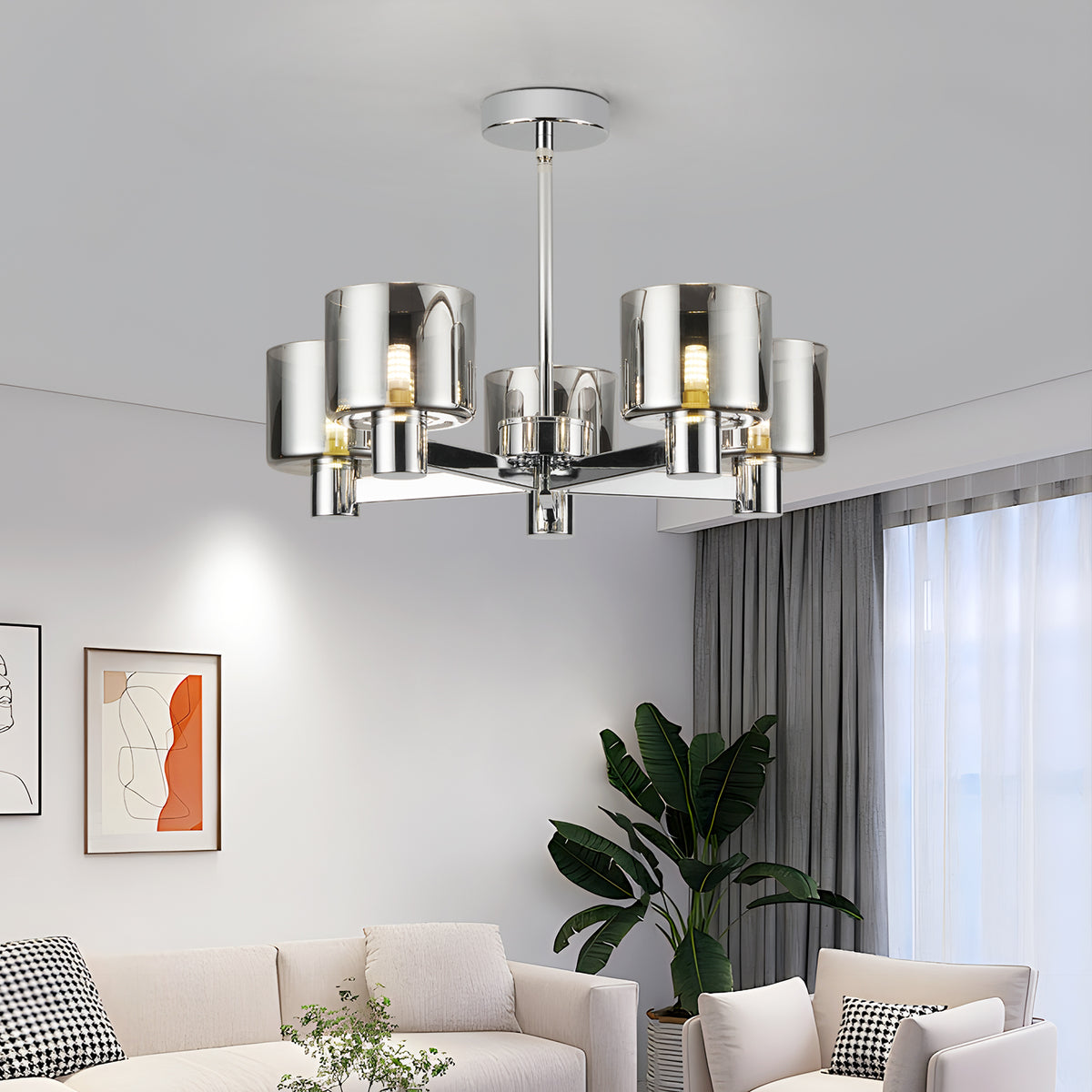 Modern 5 Lights Chandelier Ceiling Light, Chrome Semi Flush Ceiling La ...