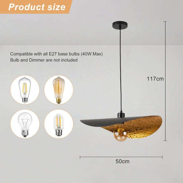 HARPER LIVING Pendant Light Fitting Black & Gold Finish, Adjustable Ceiling Pendant Lamp with E27 Holder, Hanging Light