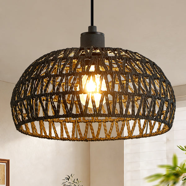 HARPER LIVING Easy Fit Handwoven Rope Ceiling Light Shade with Reducer Ring, E27/B22 Black Woven Shade for Pendant Lights & Floor