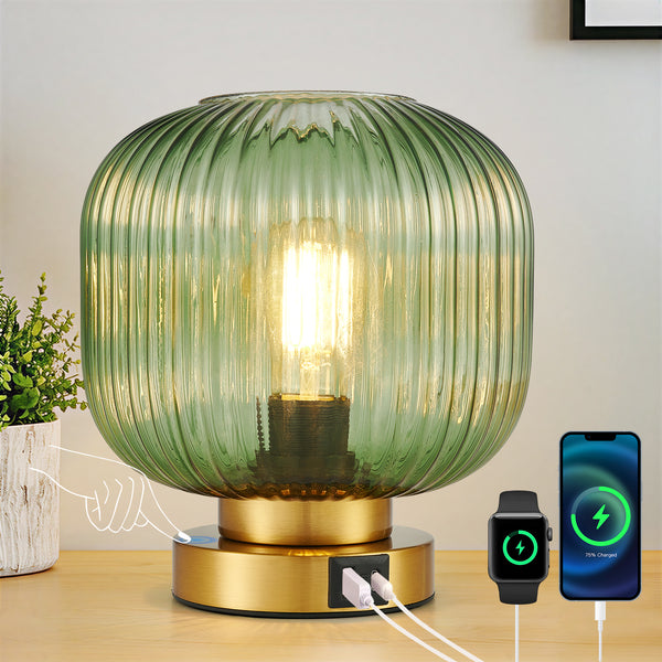 HARPER LIVING Table Lamp with USB-C & USB-A Charging Ports, Touch Control Dimmable E27 Desk Lamp, Green Glass Shade