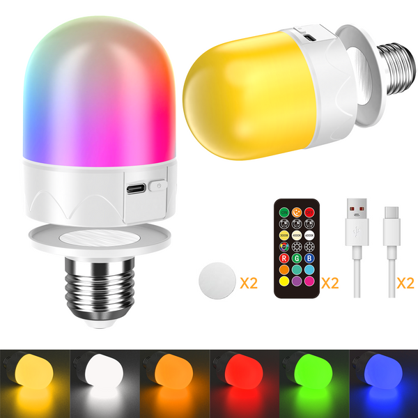 HARPER LIVING USB Rechargeable LED Bulb with Remote, E27 Screw & Magnetic, Dimmable 9 Colours RGB Light Bulbs, 2 Pack
