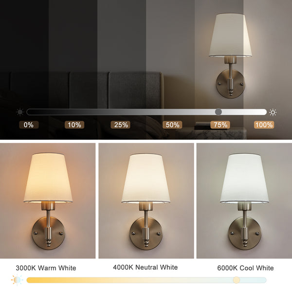HARPER LIVING Set of 2 Battery Wall Lights, Fabric Lamps with Rechargeable Bulbs, Remote, 3 CCT & 9 RGB, Satin Nickel