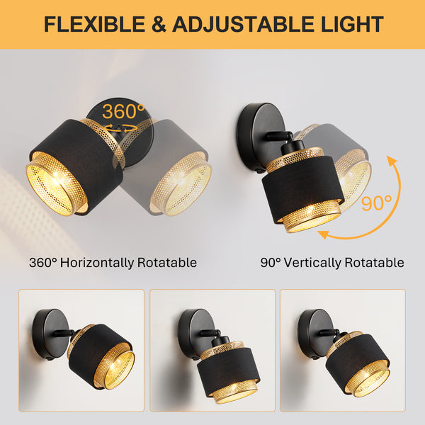 HARPER LIVING Black & Gold Wall Light, Modern Wall Lamp Indoor E14 Socket, Rotatable, Metal Mesh & Fabric Shade