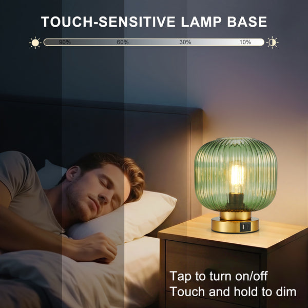 HARPER LIVING Table Lamp with USB-C & USB-A Charging Ports, Touch Control Dimmable E27 Desk Lamp, Green Glass Shade