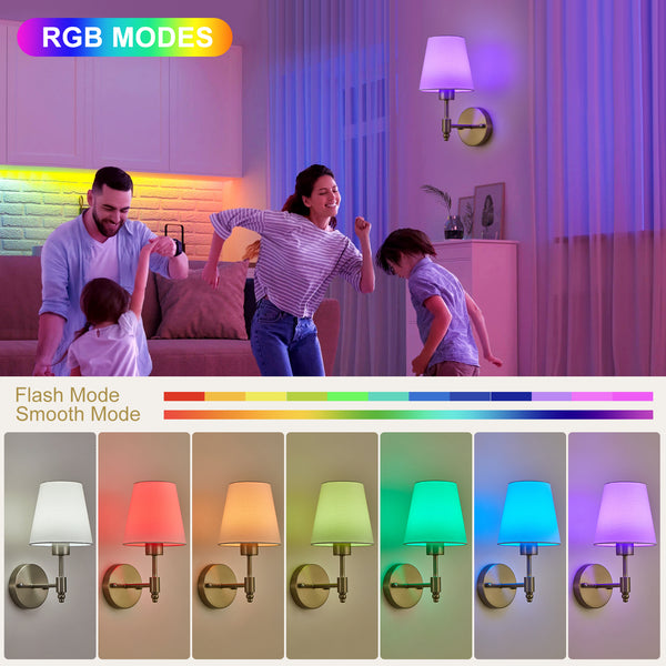 HARPER LIVING Set of 2 Battery Wall Lights, Fabric Lamps with Rechargeable Bulbs, Remote, 3 CCT & 9 RGB, Satin Nickel