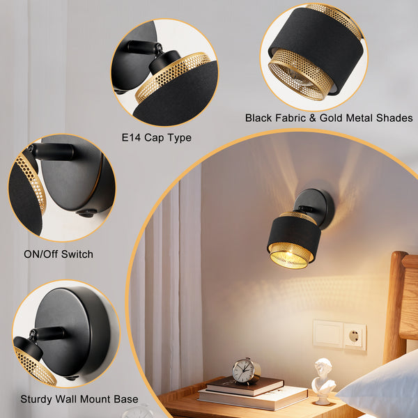 HARPER LIVING Black & Gold Wall Light, Modern Wall Lamp Indoor E14 Socket, Rotatable, Metal Mesh & Fabric Shade