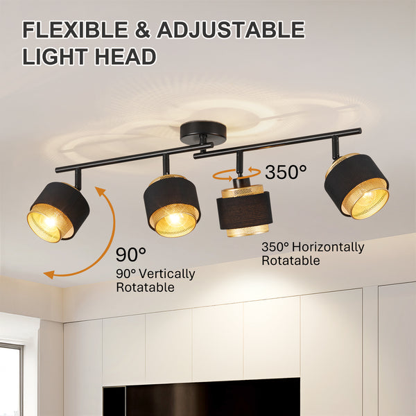 HARPER LIVING 4 Way Ceiling Spotlights, Black & Gold, 4xE14 40W Max, Rotation Heads, Metal Mesh & Fabric Shade