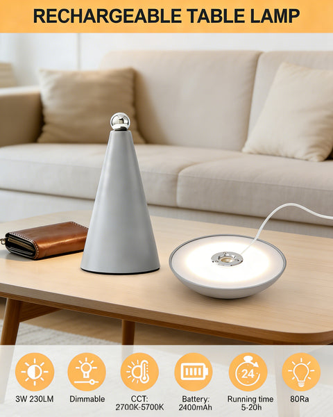 HARPER LIVING Rechargeable Table Lamp, Magnetic Touch Mushroom Bedside Light Dimmable, Portable Desk Lamp, Matt Light Grey