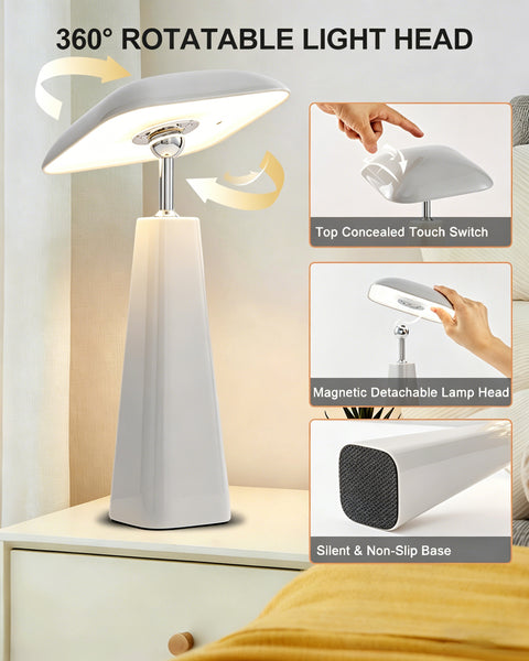 HARPER LIVING Rechargeable Table Lamp, Magnetic Touch Mushroom Bedside Light Dimmable, Portable Desk Lamp, Light Grey