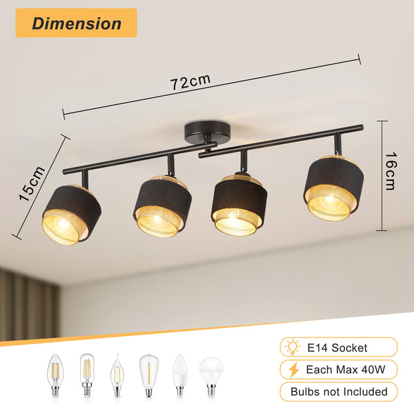 HARPER LIVING 4 Way Ceiling Spotlights, Black & Gold, 4xE14 40W Max, Rotation Heads, Metal Mesh & Fabric Shade