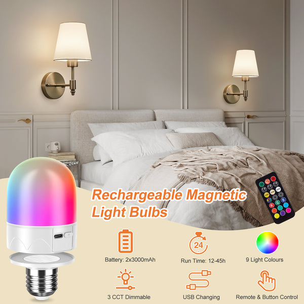 HARPER LIVING Set of 2 Battery Wall Lights, Fabric Lamps with Rechargeable Bulbs, Remote, 3 CCT & 9 RGB, Satin Nickel