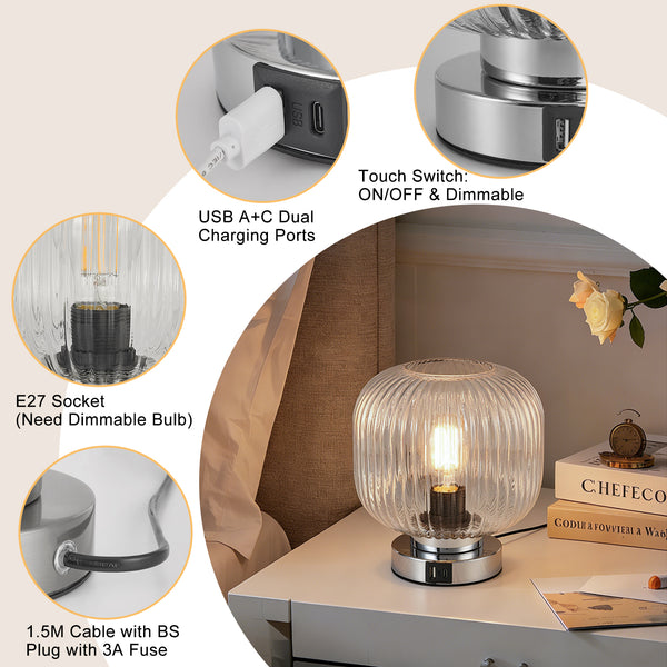 HARPER LIVING Table Lamp with USB-C & USB-A Charging Ports, Touch Control Dimmable E27 Desk Lamp, Clear Glass Shade