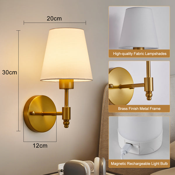 HARPER LIVING Set of 2 Battery Wall Lights, Fabric Lamps with Rechargeable Bulbs, Remote, 3 CCT & 9 RGB Dimmable Brass