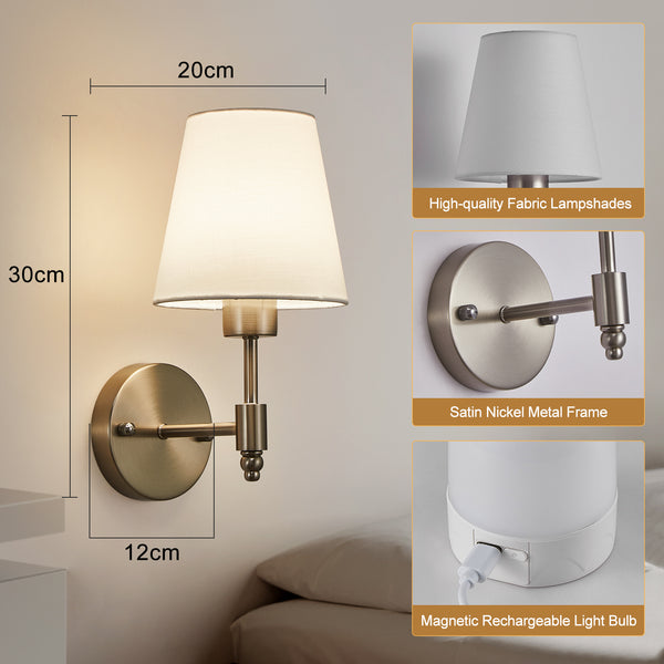 HARPER LIVING Set of 2 Battery Wall Lights, Fabric Lamps with Rechargeable Bulbs, Remote, 3 CCT & 9 RGB, Satin Nickel