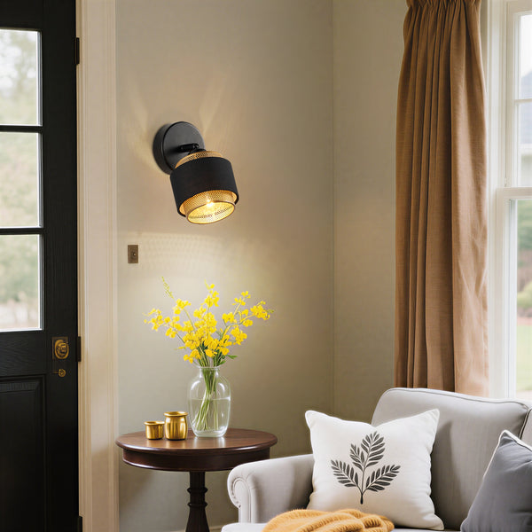 HARPER LIVING Black & Gold Wall Light, Modern Wall Lamp Indoor E14 Socket, Rotatable, Metal Mesh & Fabric Shade