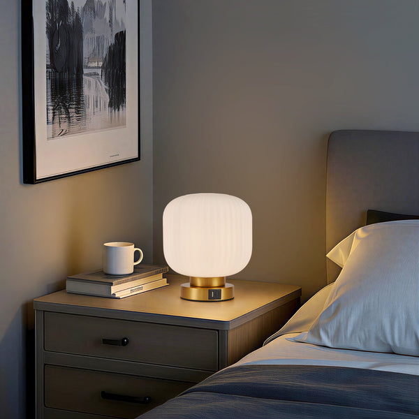 HARPER LIVING Table Lamp with USB-C & USB-A Charging Ports, Touch Control Dimmable E27 Desk Lamp, Cream Glass Shade