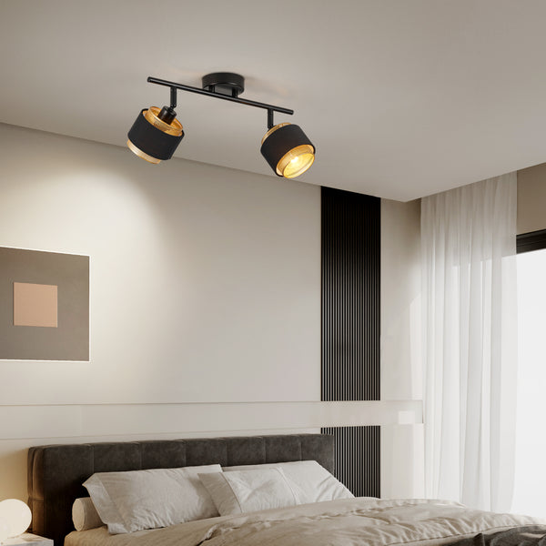 HARPER LIVING 2 Way Ceiling Spotlights, Black & Gold, 2xE14 40W Max, Rotation Heads, Metal Mesh & Fabric Shade