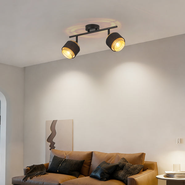 HARPER LIVING 2 Way Ceiling Spotlights, Black & Gold, 2xE14 40W Max, Rotation Heads, Metal Mesh & Fabric Shade