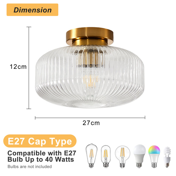 HARPER LIVING Ceiling Light Brass Finish, 27cm Vintage Ceiling Lamp with Textured Glass Shade, E27 Socket IP44 Flush Mount Lighting
