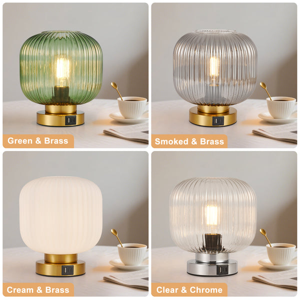 HARPER LIVING Table Lamp with USB-C & USB-A Charging Ports, Touch Control Dimmable E27 Desk Lamp, Cream Glass Shade