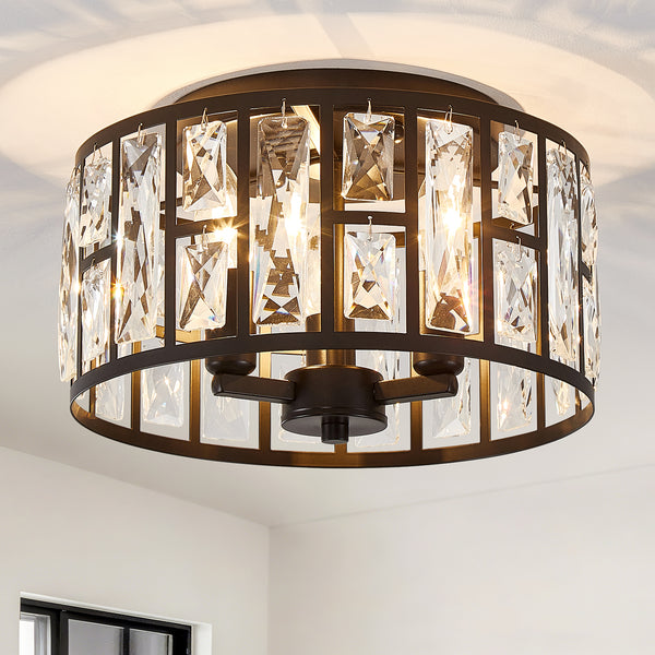 HARPER LIVING 3-Light Flush Ceiling Lights, Crystal Ceiling Lamp Matt Black Finish, 30cm Modern Chandelier Lighting