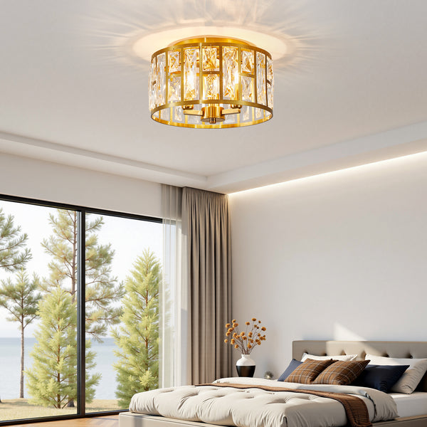 HARPER LIVING 3-Light Flush Ceiling Lights, Crystal Ceiling Lamp Brass Finish, 30cm Modern Chandelier Lighting
