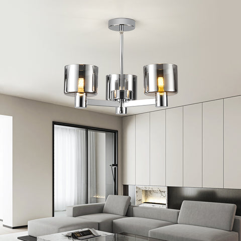 3 Lights Semi Flush Ceiling Lamp with Smoked Glass Shades, Chrome Finish
