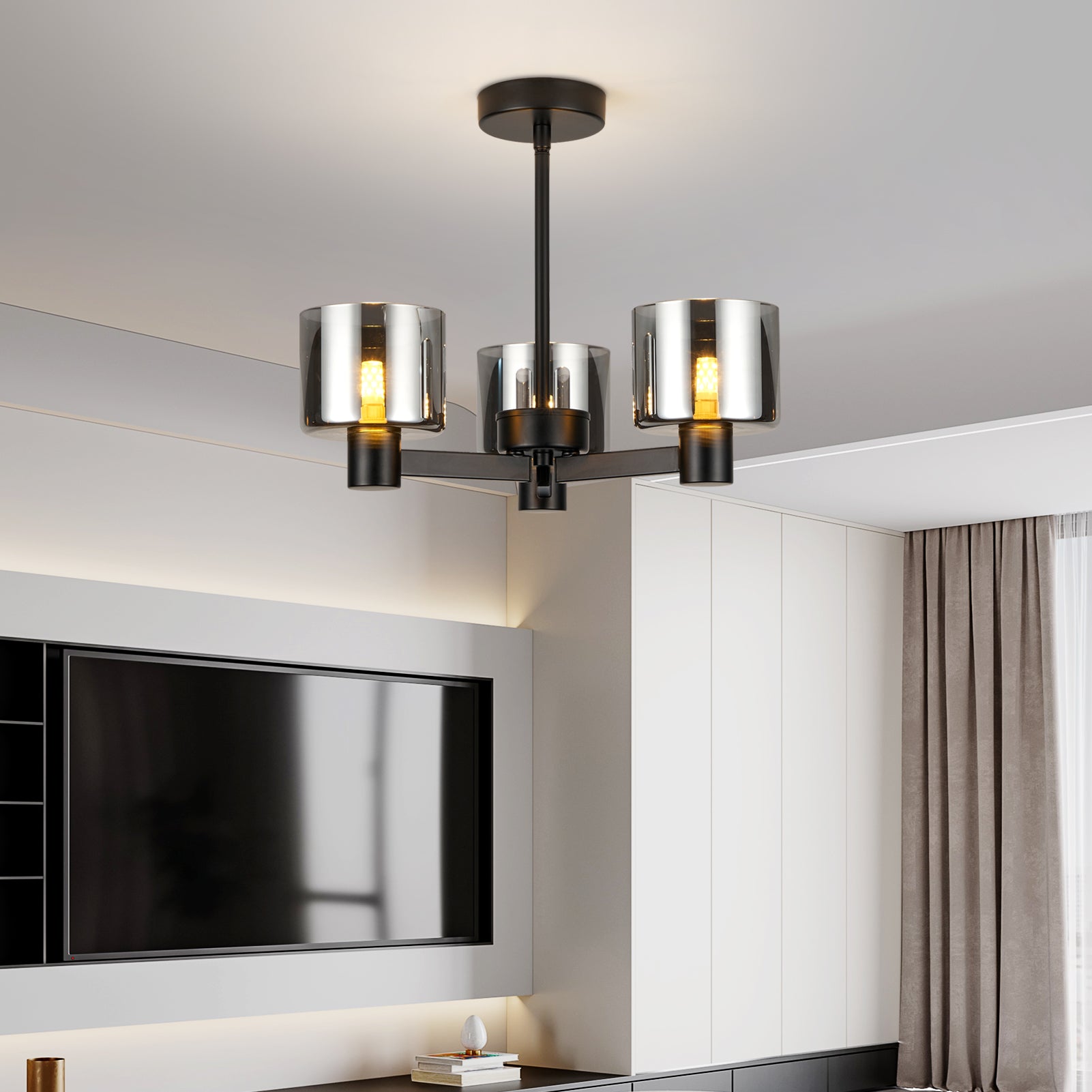 3 Lights Semi Flush Ceiling Lamp with Smoked Glass Shades, Matt Black