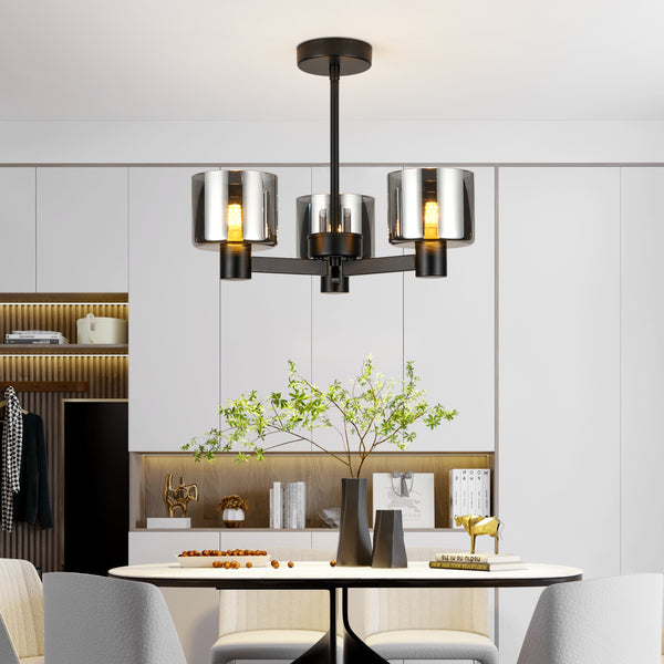 3 Lights Semi Flush Ceiling Lamp with Smoked Glass Shades, Matt Black