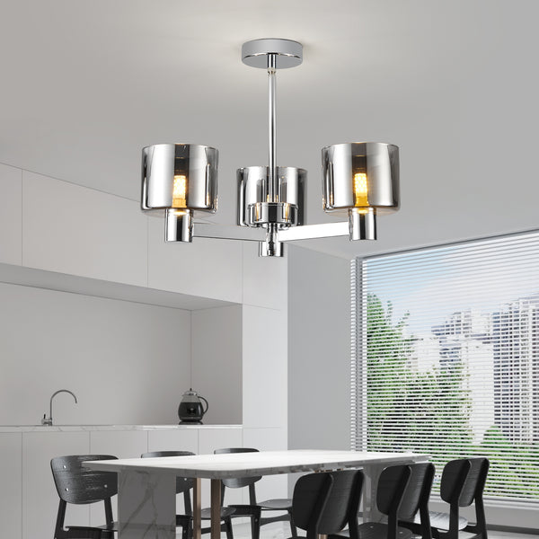 3 Lights Semi Flush Ceiling Lamp with Smoked Glass Shades, Chrome Finish