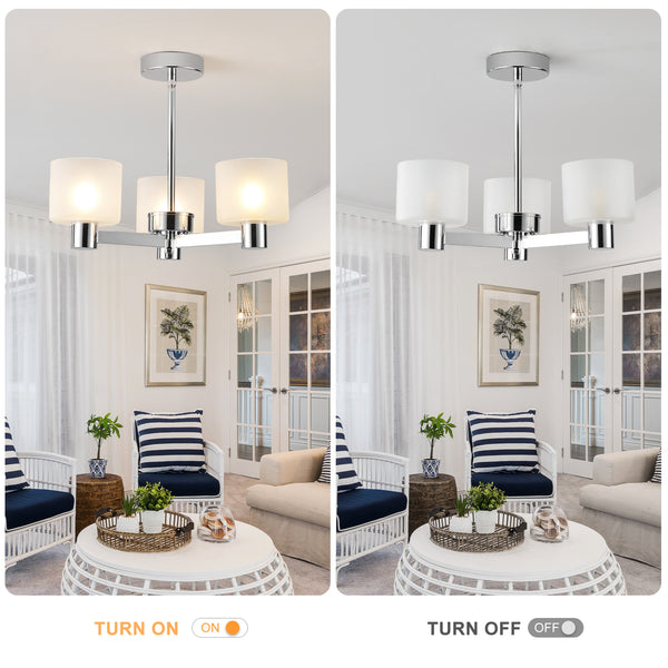 3 Lights Semi Flush Ceiling Lamp with Frosted Glass Shades, Chrome Finish