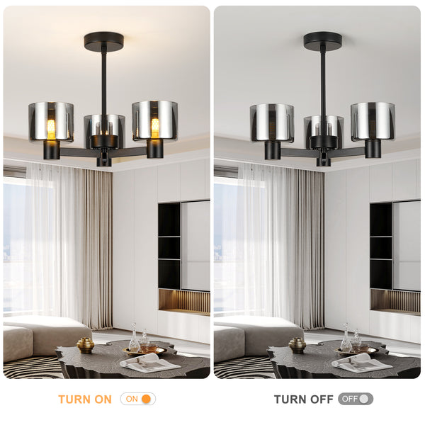 3 Lights Semi Flush Ceiling Lamp with Smoked Glass Shades, Matt Black