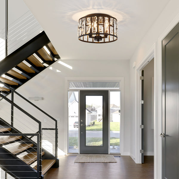 HARPER LIVING 3-Light Flush Ceiling Lights, Crystal Ceiling Lamp Matt Black Finish, 30cm Modern Chandelier Lighting