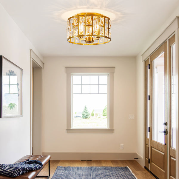 HARPER LIVING 3-Light Flush Ceiling Lights, Crystal Ceiling Lamp Brass Finish, 30cm Modern Chandelier Lighting