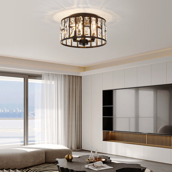 HARPER LIVING 3-Light Flush Ceiling Lights, Crystal Ceiling Lamp Matt Black Finish, 30cm Modern Chandelier Lighting