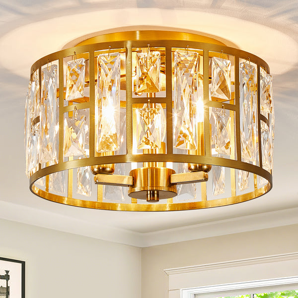 HARPER LIVING 3-Light Flush Ceiling Lights, Crystal Ceiling Lamp Brass Finish, 30cm Modern Chandelier Lighting