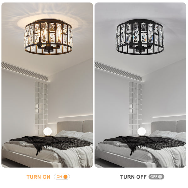 HARPER LIVING 3-Light Flush Ceiling Lights, Crystal Ceiling Lamp Matt Black Finish, 30cm Modern Chandelier Lighting