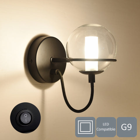 HARPER LIVING 1xG9 Up Wall Light with On/Off Switch, Matt Black Finish, Globe Shaped Glass Shade