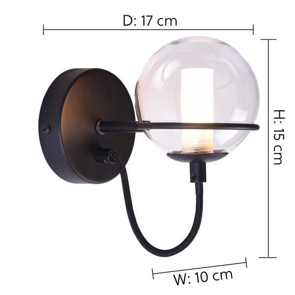 HARPER LIVING 1xG9 Up Wall Light with On/Off Switch, Matt Black Finish, Globe Shaped Glass Shade