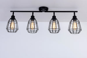 Caged Bar Ceiling Light, 4 Lights E27 Cap, Black Vintage Finish, LED Compatible