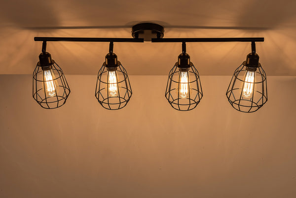 Caged Bar Ceiling Light, 4 Lights E27 Cap, Black Vintage Finish, LED Compatible