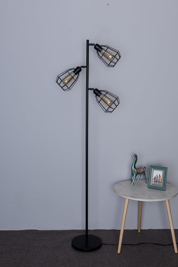 Caged Floor Lamp, 3 Lights, On/Off Switch, Black Vintage Finish, LED C ...