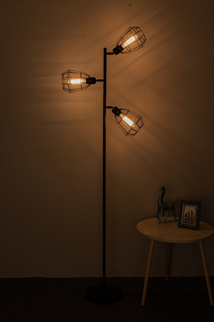 Caged Floor Lamp, 3 Lights, On/Off Switch, Black Vintage Finish, LED C ...