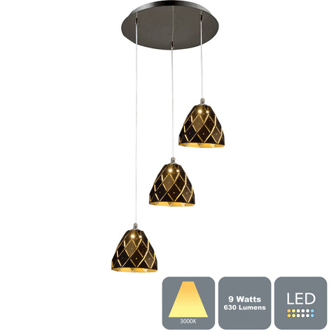 Modern LED Pendant Black and Gold Finish with Metal Shade, 3 Light, RRP: £108