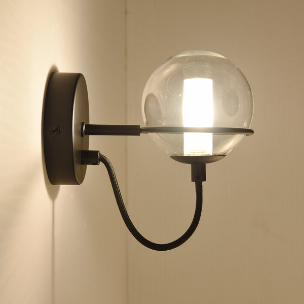 HARPER LIVING 1xG9 Up Wall Light with On/Off Switch, Matt Black Finish, Globe Shaped Glass Shade